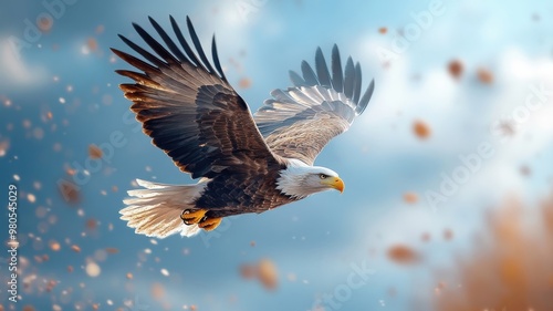 Digital painting of eagle soaring through pixelated sky. photo