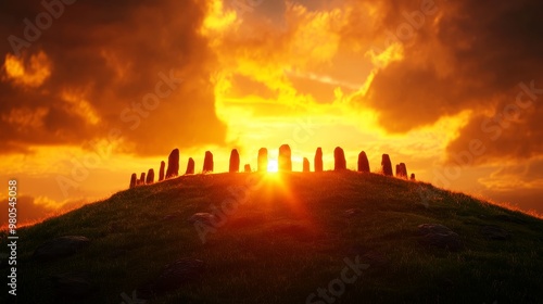 A massive stone circle temple atop a hill, glowing under the golden rays of the sunset, surrounded by misty clouds, Fantasy, Warm colors, 3D rendering, dramatic lighting