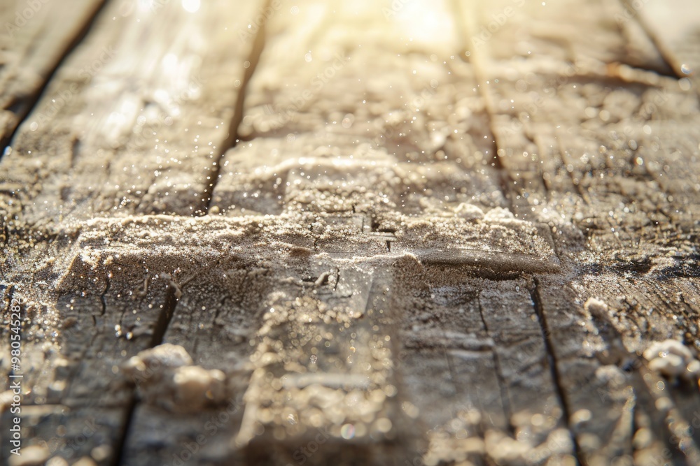 A close-up shot of a wooden plank surface with a cross drawn in the sand. The sun is shining brightly, creating a warm glow. A close-up shot of a wooden plank surface with a cross drawn in the sand. The sun is shining brightly, creating a warm glow.