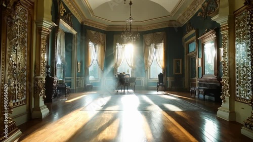 Wallpaper Mural Opulent Victorian parlor illuminated by soft sunlight streaming through tall windows. Ornate gilded columns, intricate tapestries, and luxurious furnishings create a nostalgic atmosphere.  Torontodigital.ca