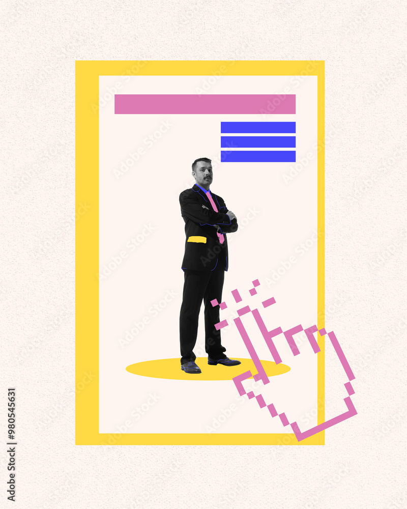 Candidate standing confidently in digital resume with large cursor over symbolizing importance of online profiles in job applications. Contemporary art. Business, employment and labor, career concept Candidate standing confidently in digital resume with large cursor over symbolizing importance of online profiles in job applications. Contemporary art. Business, employment and labor, career concept
