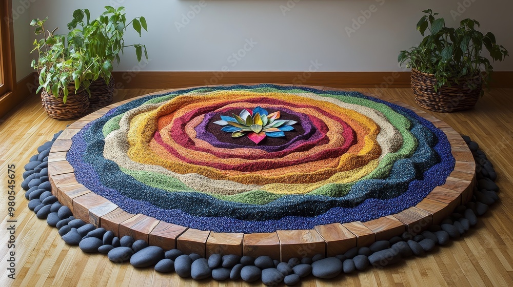 Obraz premium A meticulously crafted sand mandala, featuring symmetrical, vibrant colors of nature--green leaves, blue skies, and orange sunsets in a circular form