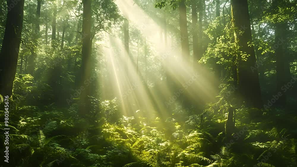 Vibrant forest filled with towering trees and golden sunlight beams Vibrant forest filled with towering trees and golden sunlight beams