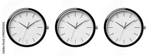 PNG IMAGES, Three elegant clocks displaying different times, Transparent background.