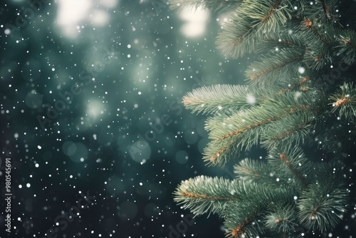 green pine tree branches with snow falling on glowing bokeh dark green background. decoration concept, christmas day, 25 december, 2024