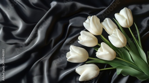 Delicate white tulips resting on soft fabric, conveying elegance, purity, and tranquility, ideal for romantic settings, floral decor, and minimalistic compositions photo