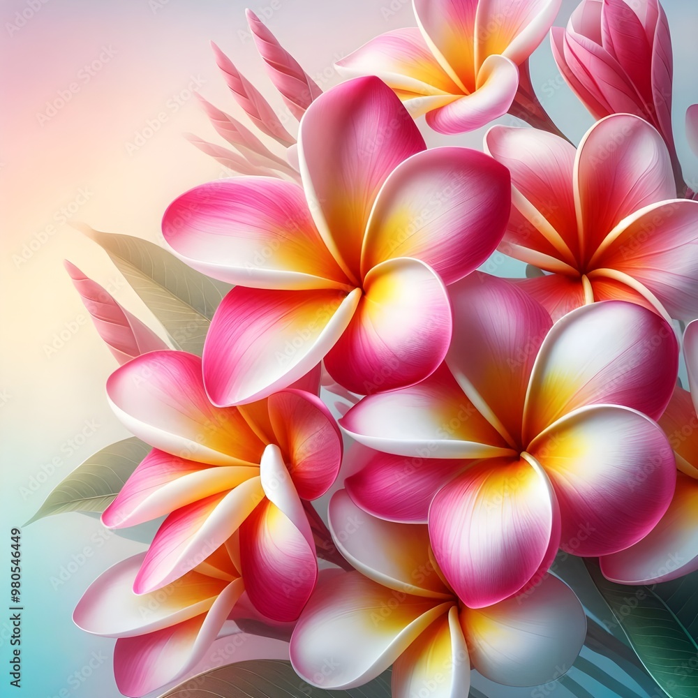 Pink white plumeria frangipani flowers isolated on pastel colors background. Pink white plumeria frangipani flowers isolated on pastel colors background.