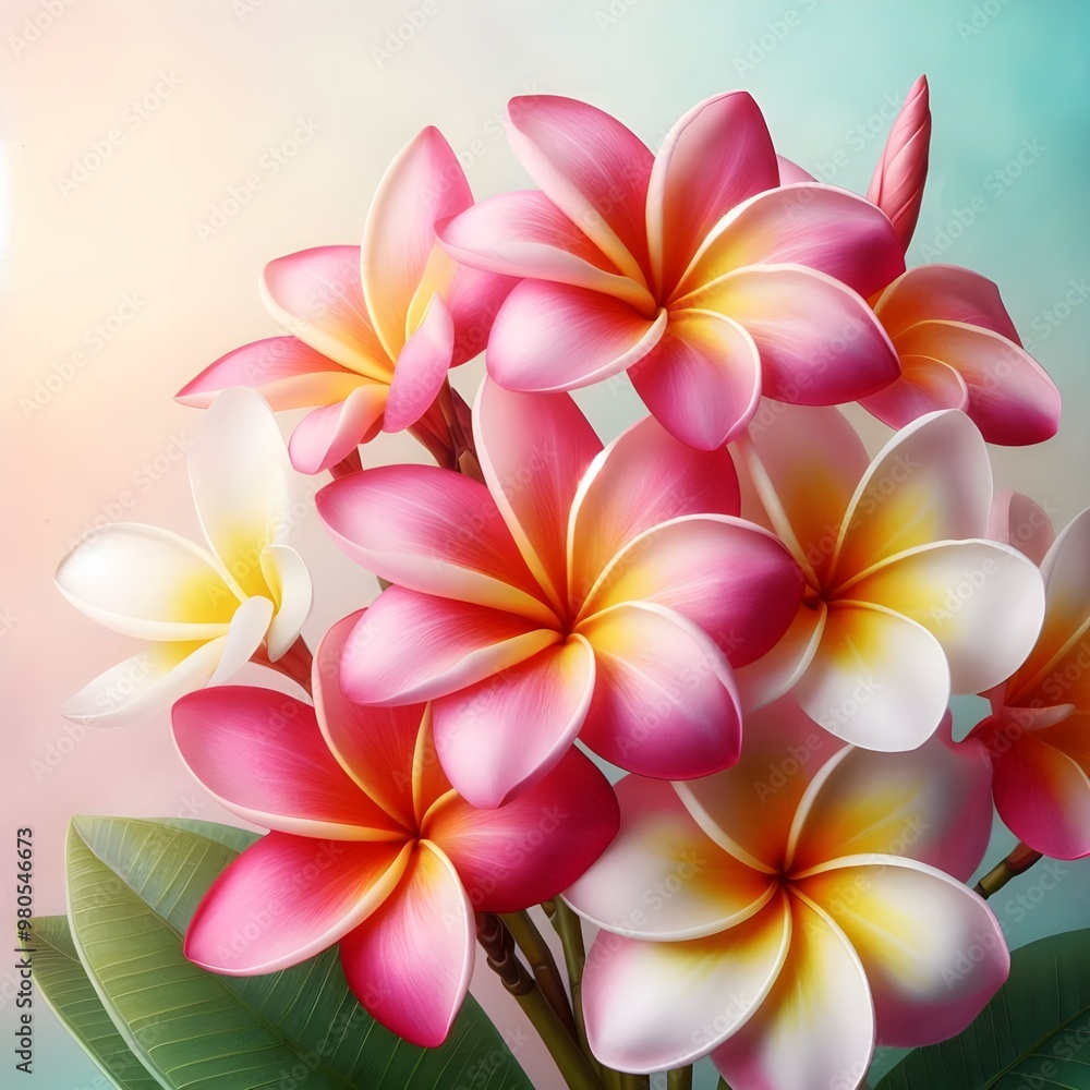 Pink white plumeria frangipani flowers isolated on pastel colors background. Pink white plumeria frangipani flowers isolated on pastel colors background.