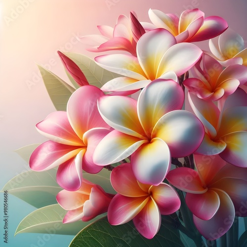 Pink white plumeria frangipani flowers isolated on pastel colors background.