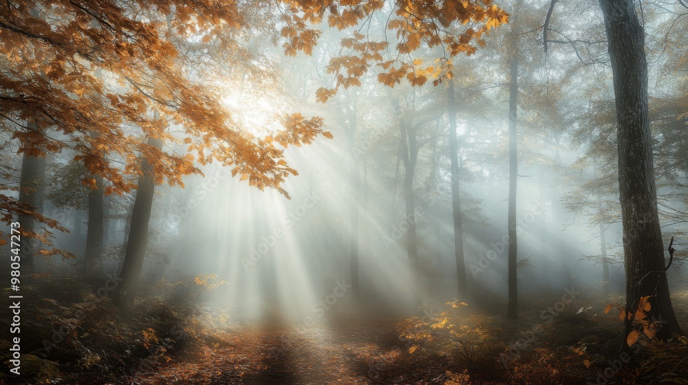 Obraz premium A path winds through a foggy forest. Sunlight pierces the dense canopy, illuminating the trees and casting long shadows on the forest floor. Golden leaves litter the ground.
