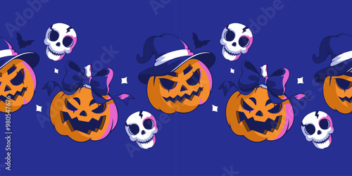 Seamless border with cute jack o lantern pumpkin monsters. Bow on head and witch hat. Festive background for Halloween. Repeating print. Spooky Ornaments Decoration