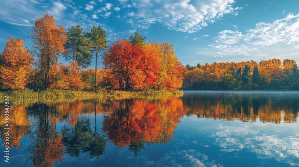 A tranquil lake reflects the brilliant hues of autumn foliage surrounding it. Trees adorned with oranges and reds create a stunning contrast against the clear blue sky as morning light dawns. A tranquil lake reflects the brilliant hues of autumn foliage surrounding it. Trees adorned with oranges and reds create a stunning contrast against the clear blue sky as morning light dawns.