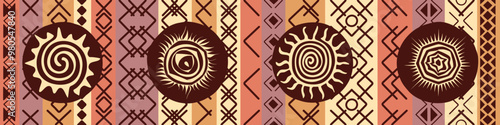 Seamless pattern, ethnic background, sun symbols, solar signs, vector design, border