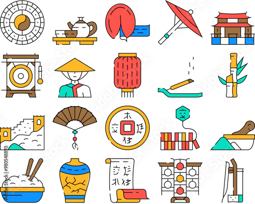 Chinese Accessory And Tradition Icons Set Vector. Chinese Great Wall And Temple Building, Lantern And Umbrella, Asian Tea And Oriental Food Dish, Calendar And Conical Hat color Contour Illustrations photo