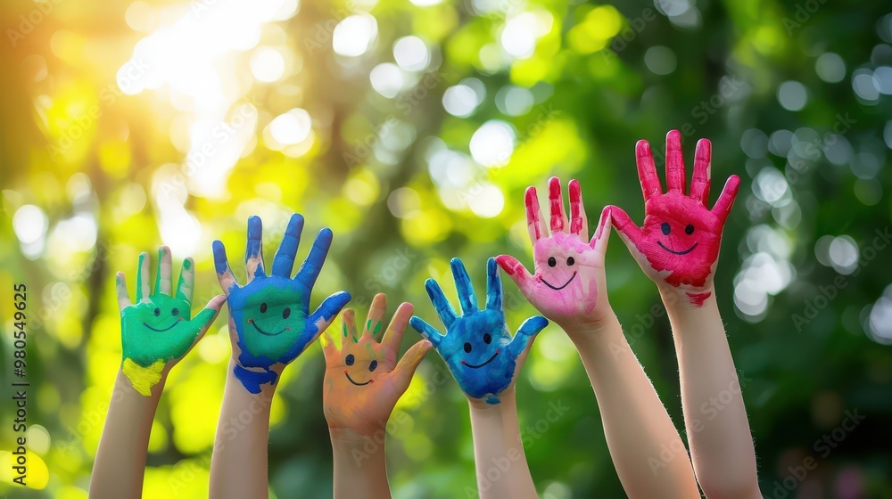 A diverse group of kids with hands and arms lifted towards hand painted hearts, symbolizing charity, donation, volunteerism, and support. Embracing multicultural community and promoting A diverse group of kids with hands and arms lifted towards hand painted hearts, symbolizing charity, donation, volunteerism, and support. Embracing multicultural community and promoting