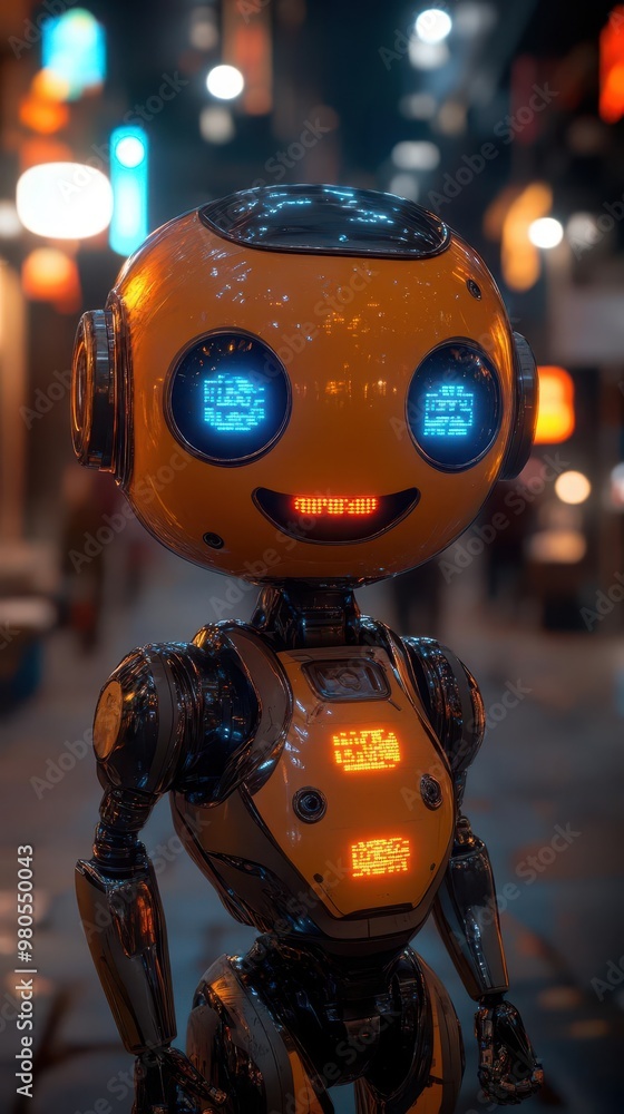 3d rendered robot with friendly led smile surrounded by holographic speech bubbles containing witty messages sleek metallic finish with hints of neon accents in a futuristic laboratory setting 3d rendered robot with friendly led smile surrounded by holographic speech bubbles containing witty messages sleek metallic finish with hints of neon accents in a futuristic laboratory setting