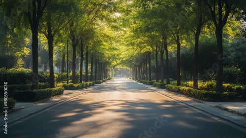 A tranquil pathway is flanked by tall trees, their leaves shimmering in the soft morning light. The road invites peaceful strolls, surrounded by lush greenery and gentle shadows.