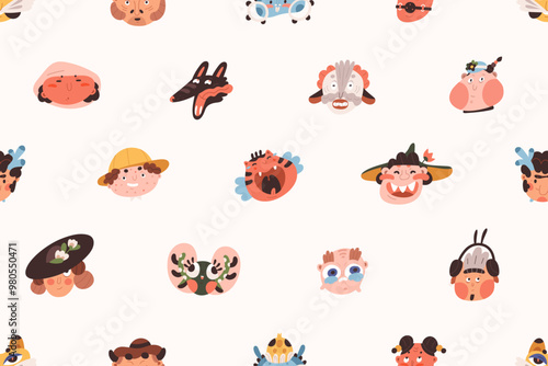 Funny characters, seamless pattern design. Comic whimsical faces, repeating p...