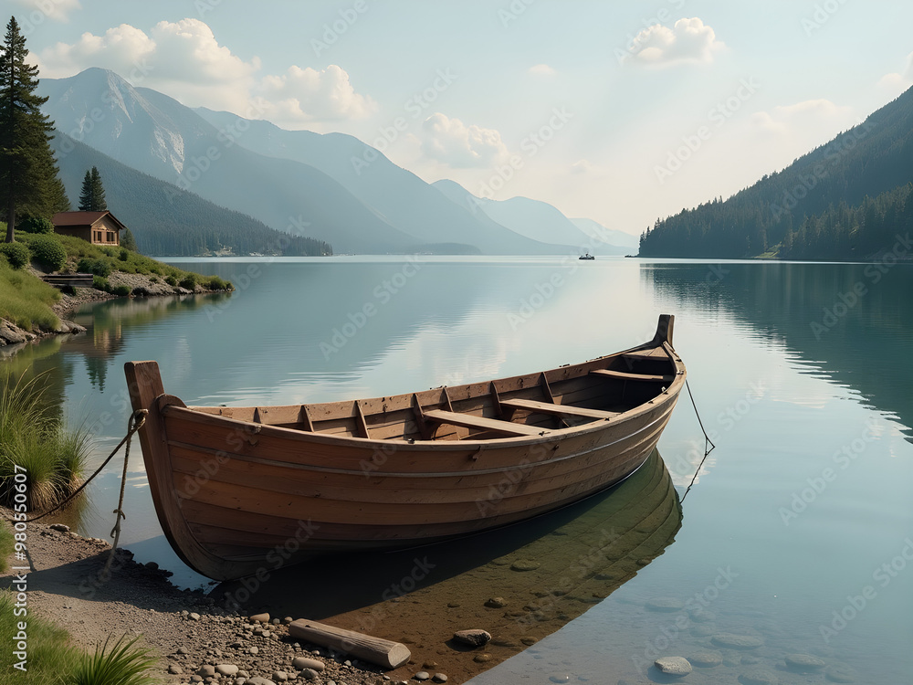 Serene Lakeside Scene with Rustic Wooden Boat Anchored by Tranquil Waters, Majestic Mountains and Whimsical Clouds in Background, Lush Greenery and Quaint Cabin Creating an Enchanting Retreat Serene Lakeside Scene with Rustic Wooden Boat Anchored by Tranquil Waters, Majestic Mountains and Whimsical Clouds in Background, Lush Greenery and Quaint Cabin Creating an Enchanting Retreat