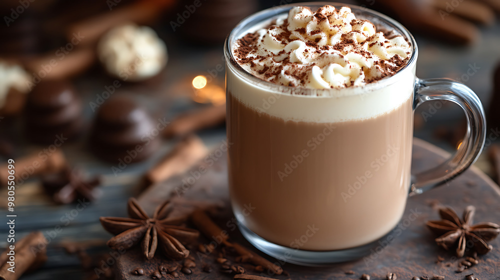 Cup of hot chocolate with whipped cream on wooden table, closeup Cup of hot chocolate with whipped cream on wooden table, closeup