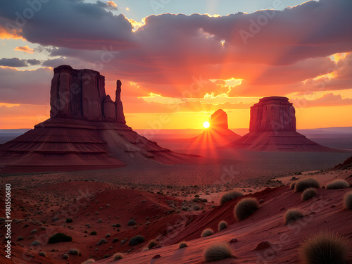 Breathtaking Sunset Over Monument Valley: Vibrant Orange and Yellow Light Beams Illuminate Iconic Sandstone Buttes Against Dramatic Red Landscape with Soft Clouds - Captivating Desert Sunset