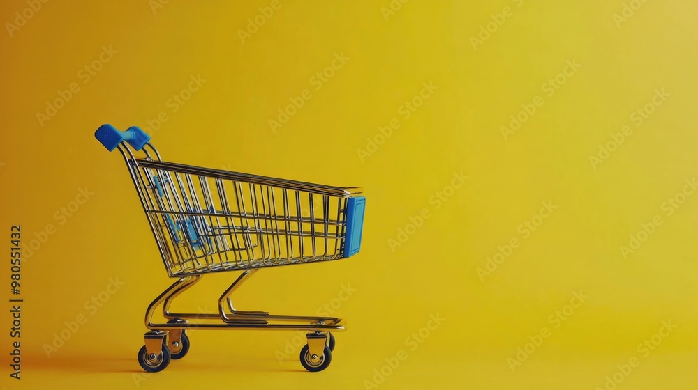 Small shopping cart on yellow background Small shopping cart on yellow background