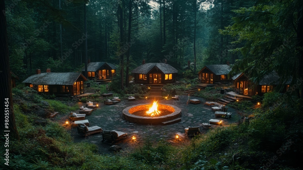 A wellness retreat in a circular clearing in the woods, with cabins surrounding a bonfire A wellness retreat in a circular clearing in the woods, with cabins surrounding a bonfire