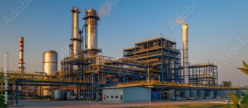 A large industrial plant is producing smoke that is billowing out of the chimneys, creating an atmospheric scene photo