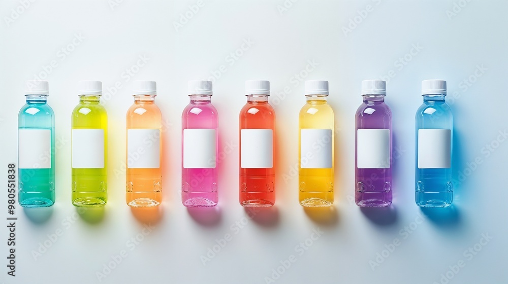 Colorful bottles arranged neatly on a clean white surface Colorful bottles arranged neatly on a clean white surface