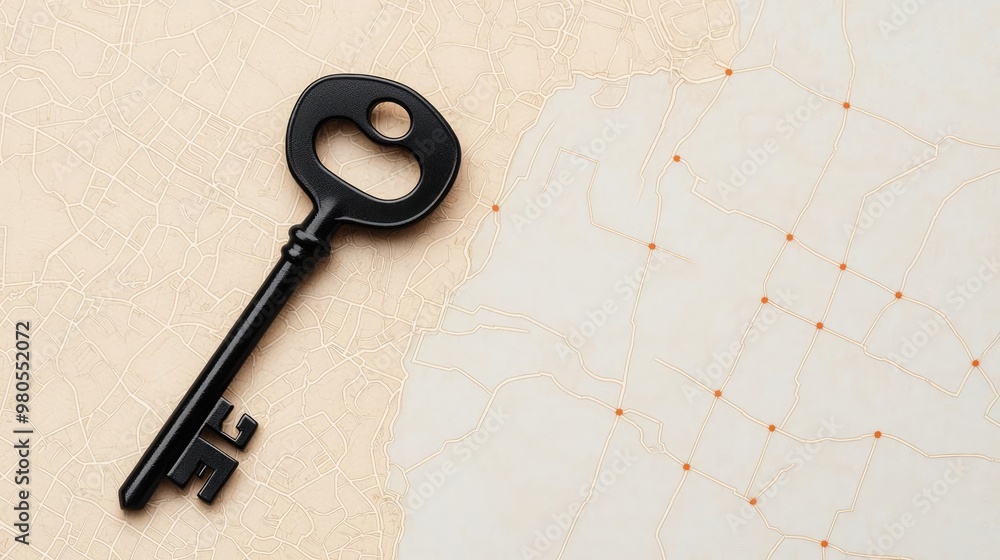 A key lying on a map with marked success points, symbolizing the journey and strategy involved in finding success A key lying on a map with marked success points, symbolizing the journey and strategy involved in finding success