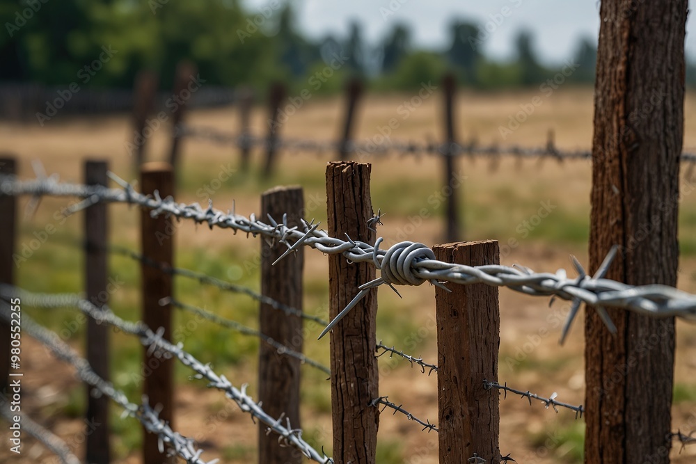 Detailed view of barbed wire along a fence symbolizing Detailed view of barbed wire along a fence symbolizing
