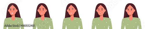 Vector illustration of a woman displaying different facial expressions, showing emotions such as happiness, sadness, and surprise.