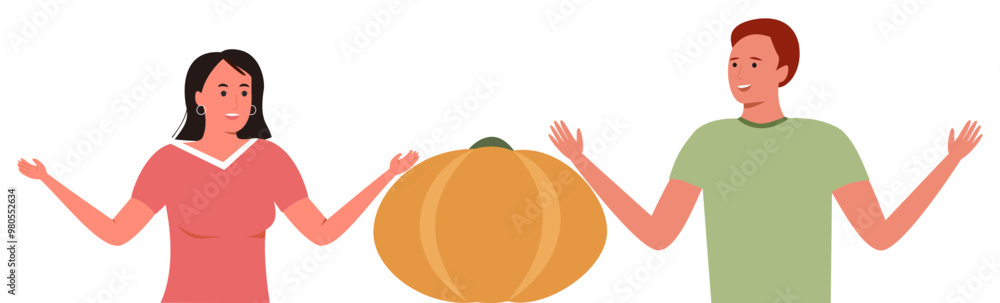 Vector illustration of a man and a woman standing beside a giant pumpkin, with a puzzled expression, representing a fun Halloween or fall-themed moment. Vector illustration of a man and a woman standing beside a giant pumpkin, with a puzzled expression, representing a fun Halloween or fall-themed moment.