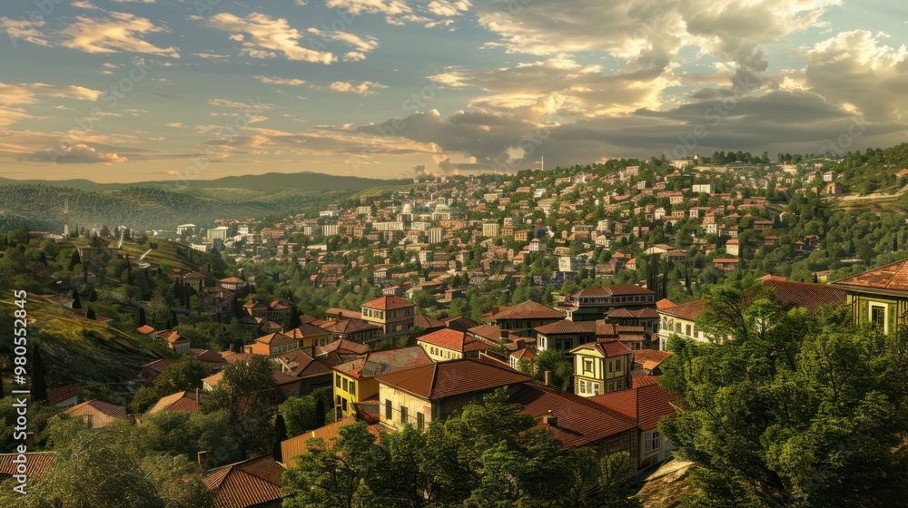 Fototapeta premium High angle view of beautiful city view on the mountain and beautiful scenery.