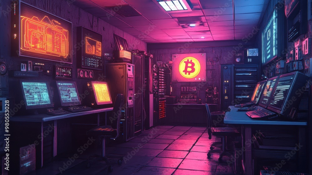 A futuristic cryptocurrency mining room with glowing screens and a vibrant Bitcoin logo, showcasing advanced technology and ambiance. A futuristic cryptocurrency mining room with glowing screens and a vibrant Bitcoin logo, showcasing advanced technology and ambiance.