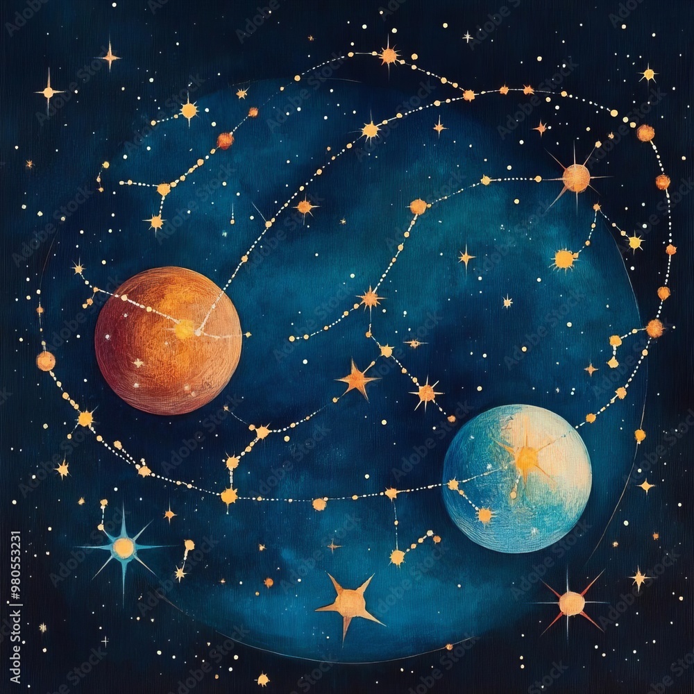 Fototapeta premium Zodiac compatibility illustrated through intertwining constellations on a cosmic canvas