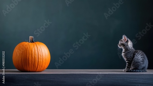 Single uncarved pumpkin reflecting moonlight, with black cat silhouette. photo