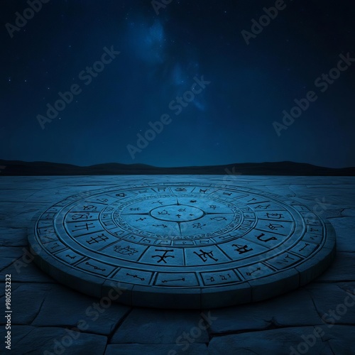 Zodiac compatibility illustrated as signs carved into a mystical stone circle under starlight