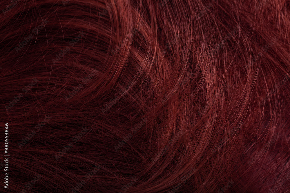 Fototapeta premium Dark red hair close-up as a background. Women's long brown hair. Beautifully styled wavy shiny curls. Coloring hair with bright shades. Hairdressing procedures, extension.