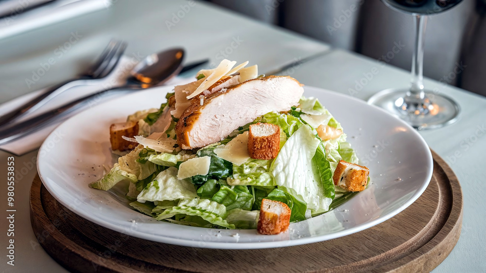 A fresh Caesar salad topped with sliced grilled chicken, crunchy croutons, and shaved Parmesan cheese, served on a white plate with a soft restaurant setting in the background. A fresh Caesar salad topped with sliced grilled chicken, crunchy croutons, and shaved Parmesan cheese, served on a white plate with a soft restaurant setting in the background.