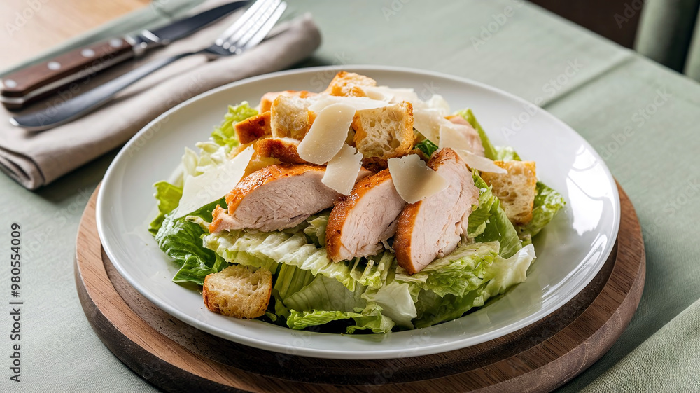 A fresh Caesar salad topped with sliced grilled chicken, crunchy croutons, and shaved Parmesan cheese, served on a white plate with a soft restaurant setting in the background. A fresh Caesar salad topped with sliced grilled chicken, crunchy croutons, and shaved Parmesan cheese, served on a white plate with a soft restaurant setting in the background.