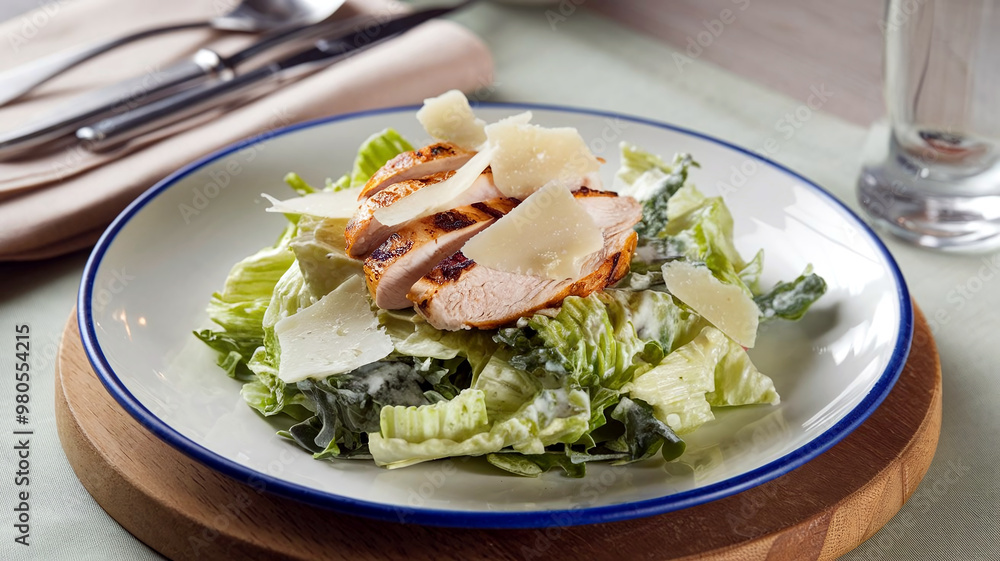 A fresh Caesar salad topped with sliced grilled chicken, crunchy croutons, and shaved Parmesan cheese, served on a white plate with a soft restaurant setting in the background. A fresh Caesar salad topped with sliced grilled chicken, crunchy croutons, and shaved Parmesan cheese, served on a white plate with a soft restaurant setting in the background.