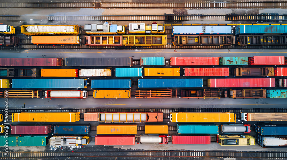 Railway freight station or junction, trains and wagons, top view. AI Generated Railway freight station or junction, trains and wagons, top view. AI Generated
