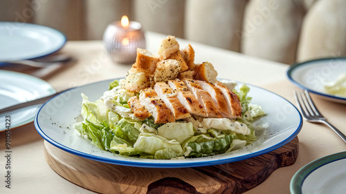 A fresh Caesar salad topped with sliced grilled chicken, crunchy croutons, and shaved Parmesan cheese, served on a white plate with a soft restaurant setting in the background. 