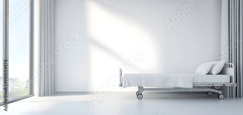 White hospital room with a bed next to large windows, emphasizing modern healthcare design, patient comfort