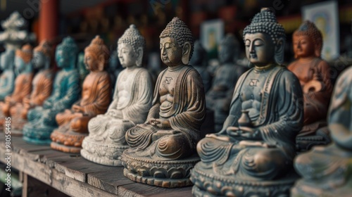 A picture of a group of Buddha statues sitting side by side on a table.