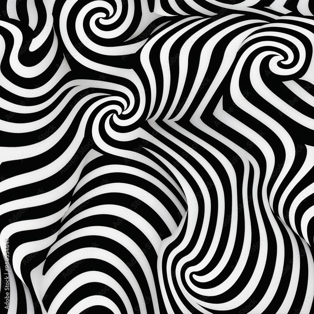 Seamless black and white spiral pattern with dynamic waves and optical illusion effect Seamless black and white spiral pattern with dynamic waves and optical illusion effect