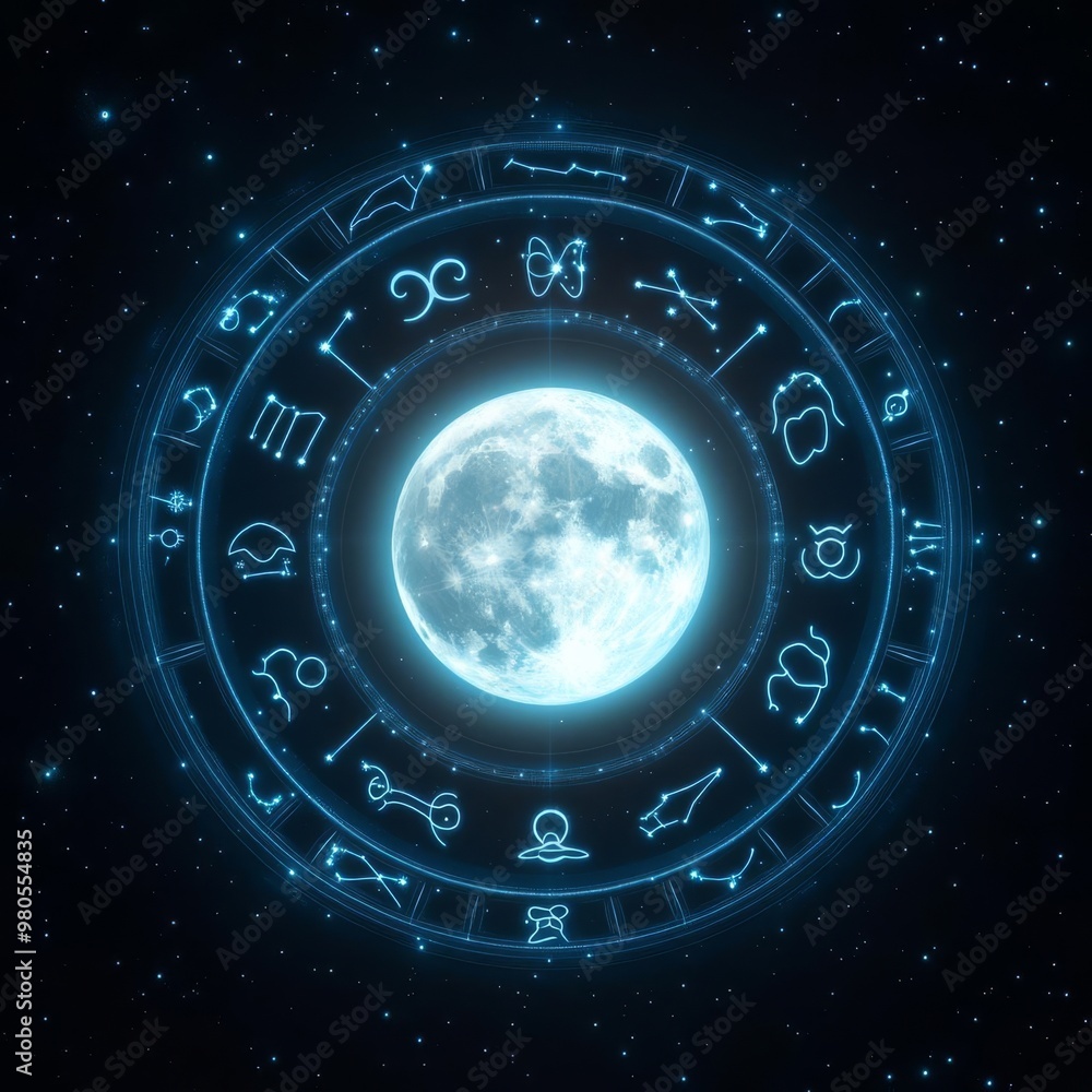 Obraz premium Zodiac signs surrounding a glowing full moon, mystic energy, 3D illustration