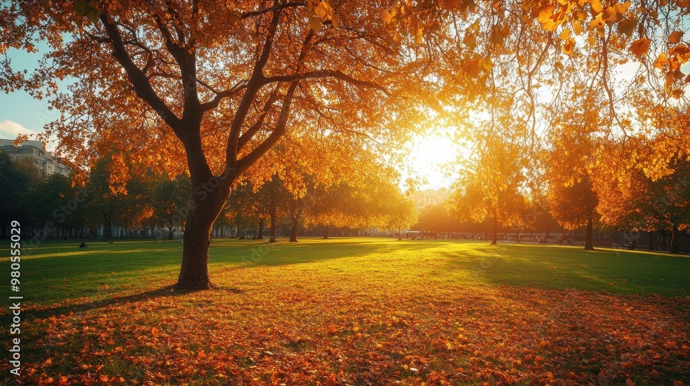 Fototapeta premium Colorful autumn Park with city view red and yellow maple trees and blue sky,Autumn forest path,Lawn in autumn city park in Sunny day,Trees with yellow leaves in park,Natural Wallpaper.