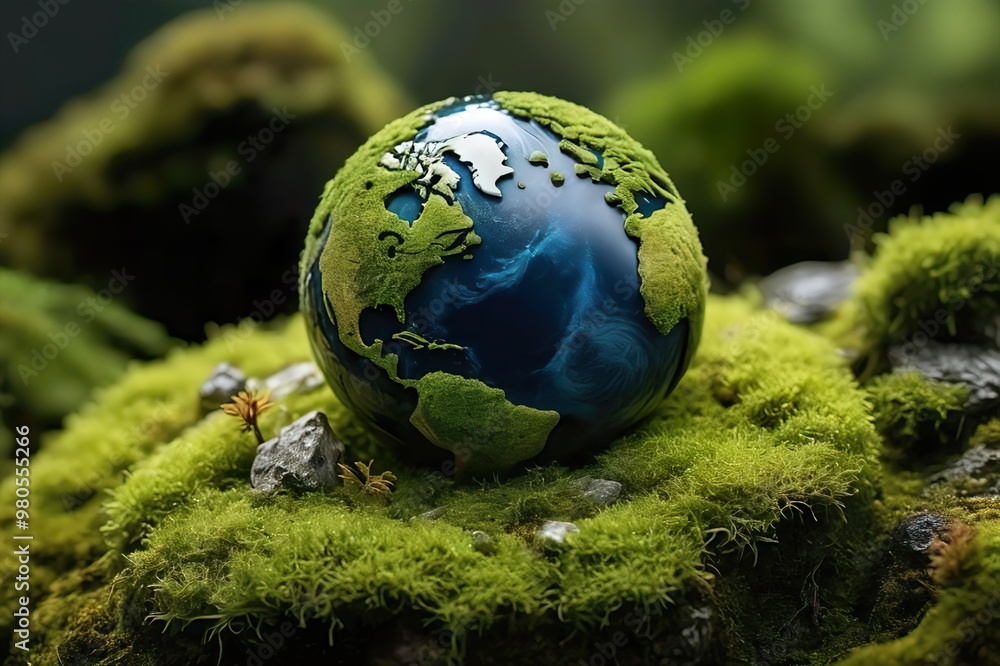 Green Earth Globe on Mossy Ground. Green Earth Globe on Mossy Ground.